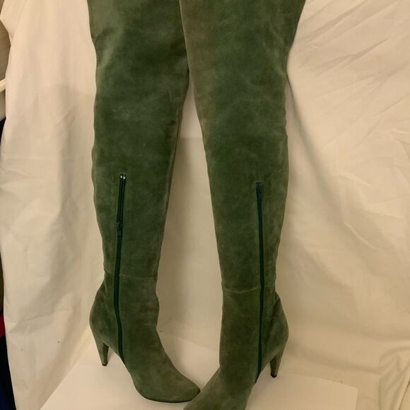 Chloe  Tall Leather Boots Size 35.5  High Heel Over The Knee Zip Green suede - Picture 4 of 12